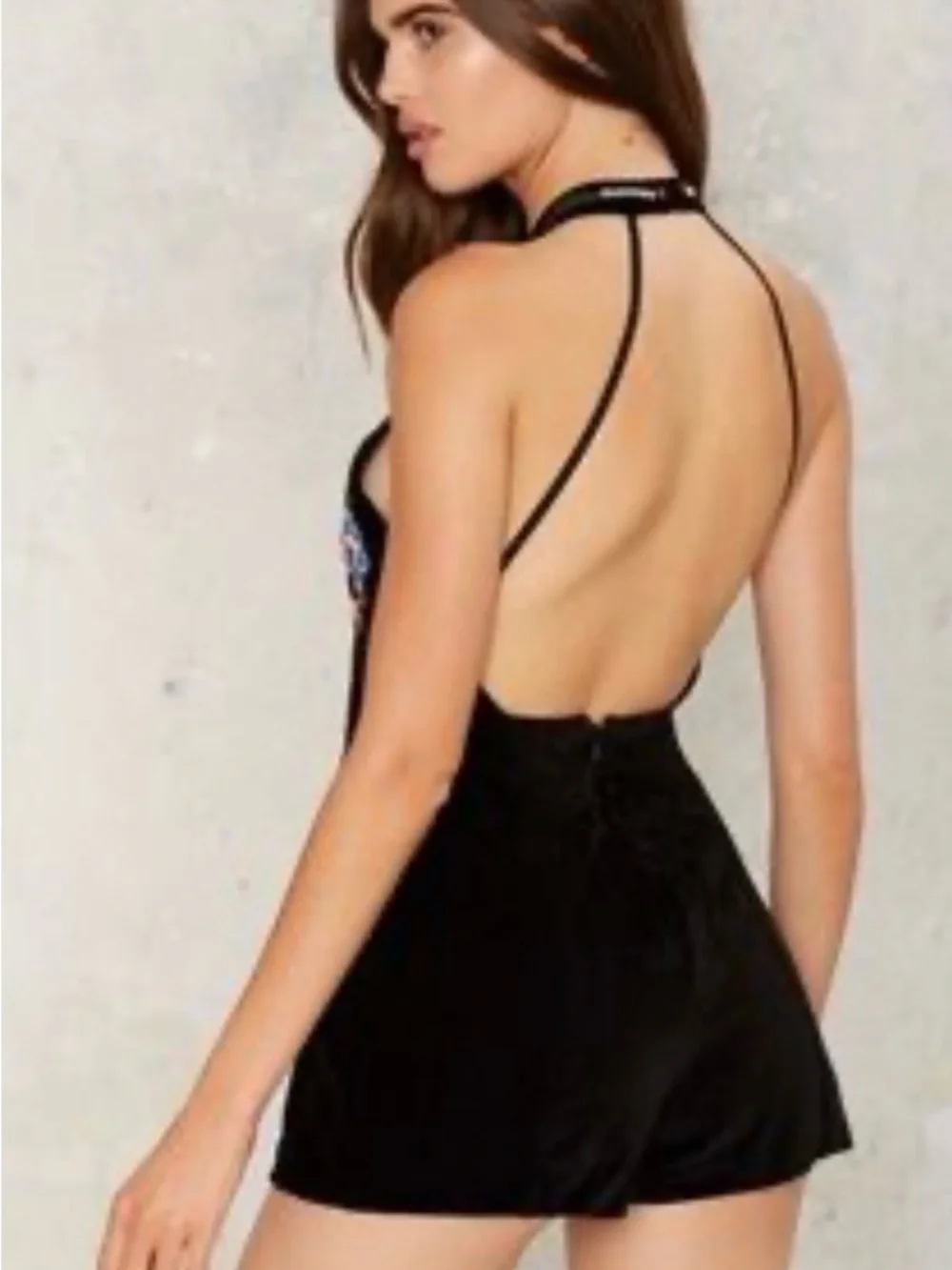 Glamorous Floral Beaded Black Velvet Halter Romper